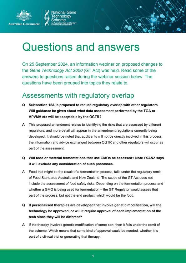 Information session on proposed amendments to the Gene Technology Act – Questions and answers
