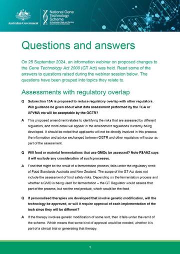 Information session on proposed amendments to the Gene Technology Act – Questions and answers